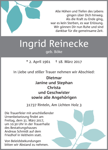 Anzeige von Ingrid Reinecke von Mindener Tageblatt