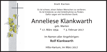 Anzeige von Anneliese Klankwarth von Mindener Tageblatt