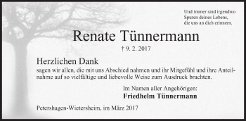 Anzeige von Renate Tünnermann von Mindener Tageblatt