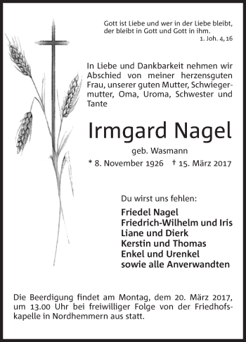 Anzeige von Irmgard Nagel von Mindener Tageblatt