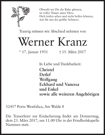 Anzeige von Werner Kranz von Mindener Tageblatt