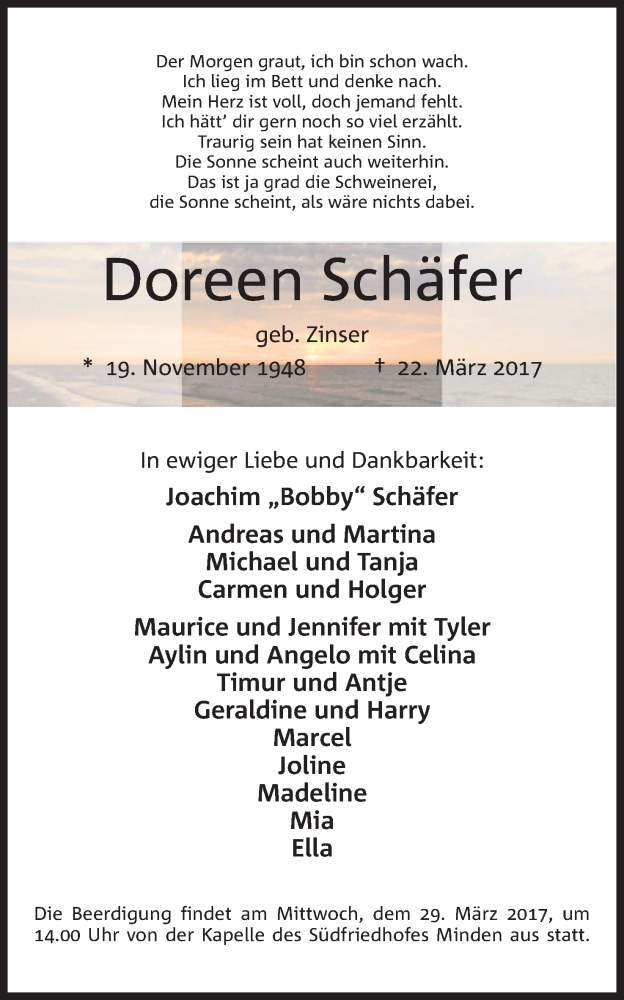  Traueranzeige für Doreen Schäfer vom 27.03.2017 aus Mindener Tageblatt