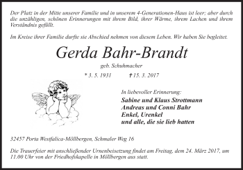 Anzeige von Gerda Bahr-Brandt von Mindener Tageblatt