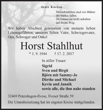 Anzeige von Horst Stahlhut von Mindener Tageblatt