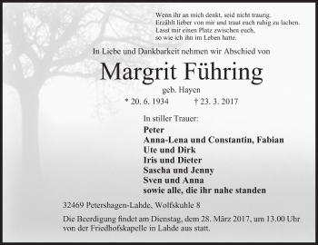 Anzeige von Margrit Führing von Mindener Tageblatt
