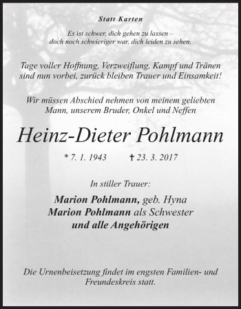 Anzeige von Heinz-Dieter Pohlmann von Mindener Tageblatt