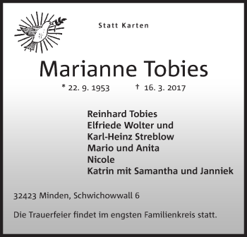 Anzeige von Marianne Tobies von Mindener Tageblatt