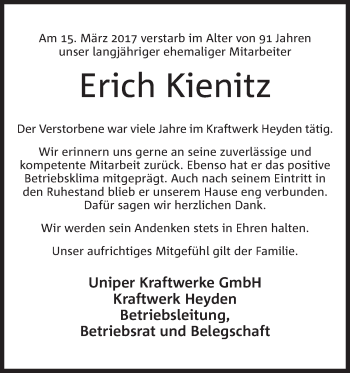 Anzeige von Erich Kienitz von Mindener Tageblatt