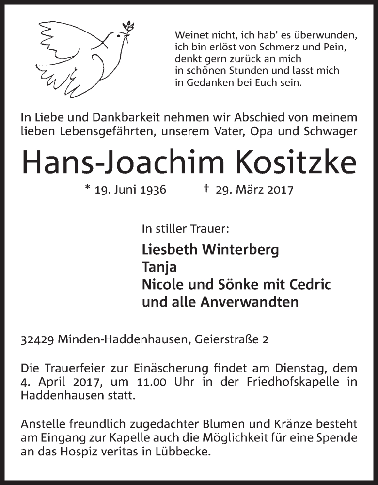  Traueranzeige für Hans-Joachim Kositzke vom 31.03.2017 aus Mindener Tageblatt