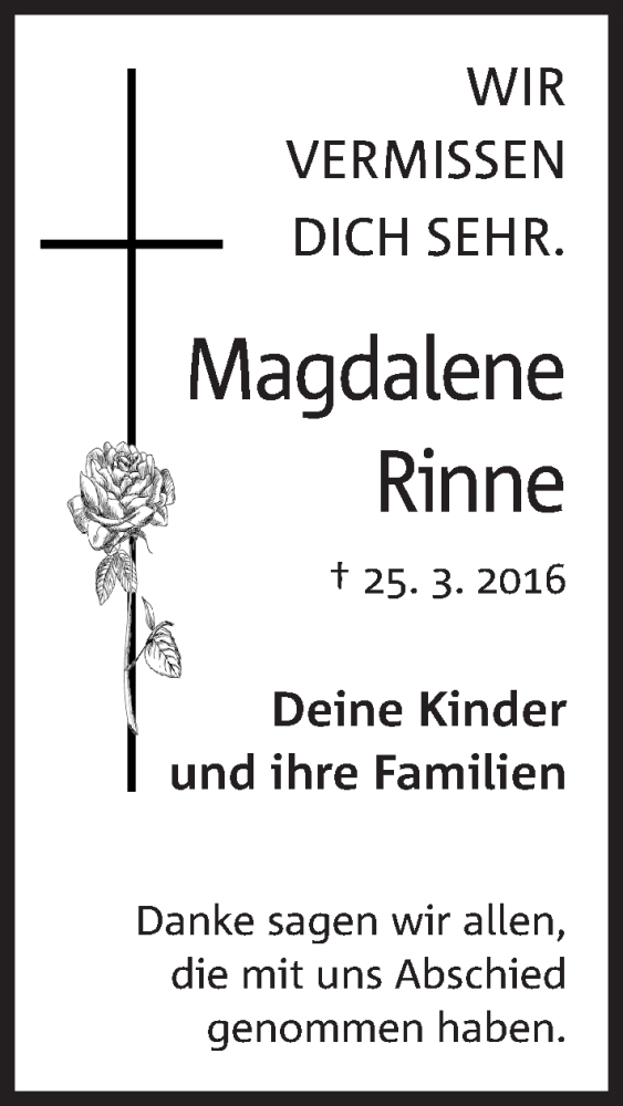  Traueranzeige für Magdalene Rinne vom 25.03.2017 aus Mindener Tageblatt