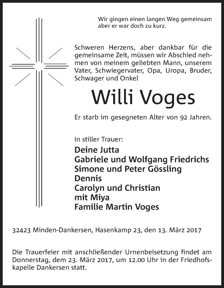  Traueranzeige für Willi Voges vom 18.03.2017 aus Mindener Tageblatt