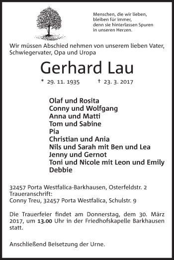 Anzeige von Gerhard Lau von Mindener Tageblatt