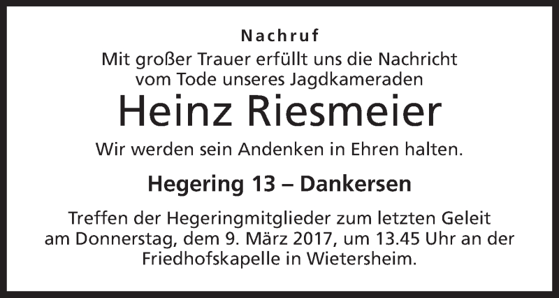  Traueranzeige für Heinz Riesmeier vom 07.03.2017 aus Mindener Tageblatt