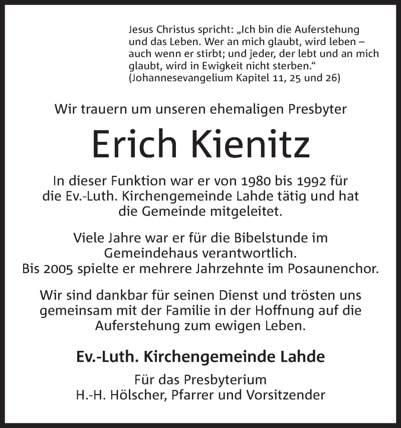  Traueranzeige für Erich Kienitz vom 25.03.2017 aus Mindener Tageblatt