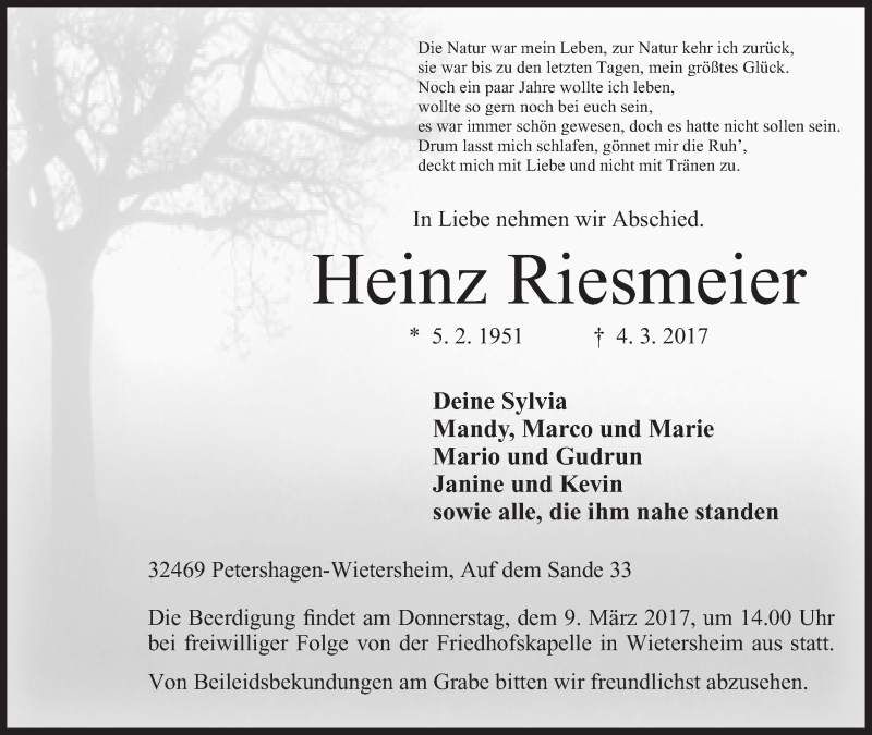  Traueranzeige für Heinz Riesmeier vom 06.03.2017 aus Mindener Tageblatt