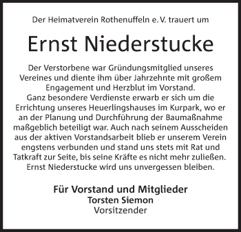 Anzeige von Ernst Niederstucke von Mindener Tageblatt