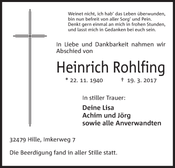 Anzeige von Heinrich Rohlfing von Mindener Tageblatt