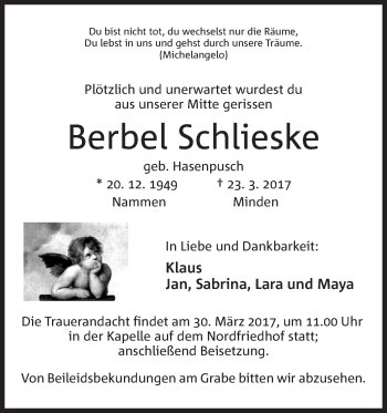 Anzeige von Berbel Schlieske von Mindener Tageblatt