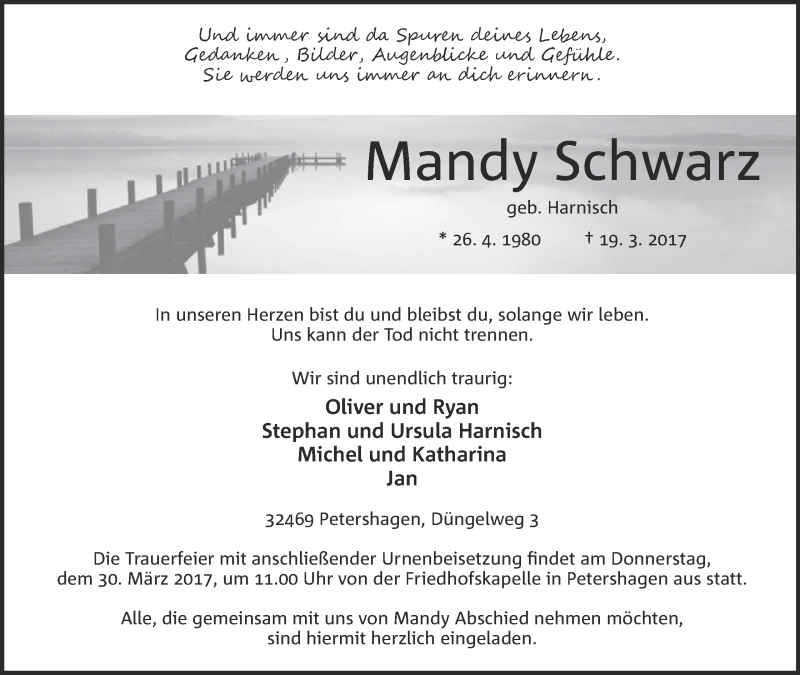  Traueranzeige für Mandy Schwarz vom 25.03.2017 aus Mindener Tageblatt