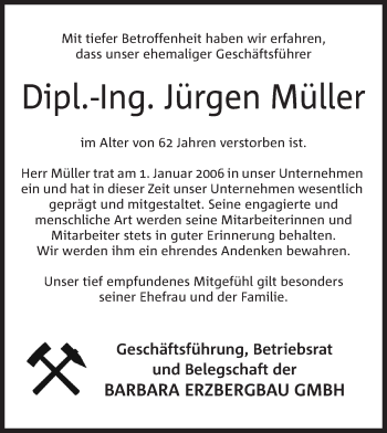 Anzeige von Jürgen Müller von Mindener Tageblatt