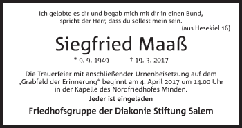 Anzeige von Siegfried Maaß von Mindener Tageblatt