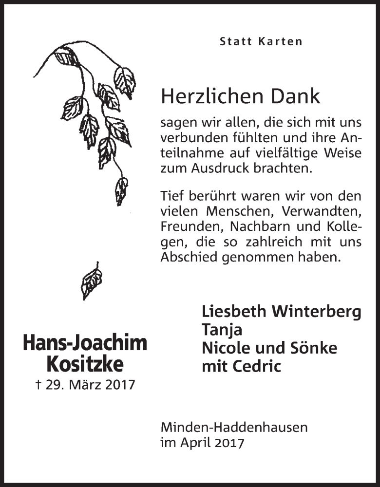  Traueranzeige für Hans-Joachim Kositzke vom 29.04.2017 aus Mindener Tageblatt