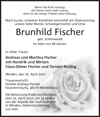 Anzeige von Brunhild Fischer von Mindener Tageblatt