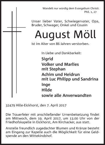 Anzeige von August Möll von Mindener Tageblatt