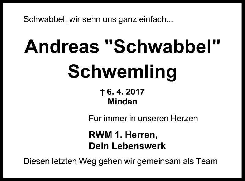  Traueranzeige für Andreas Schwemling vom 13.04.2017 aus Mindener Tageblatt