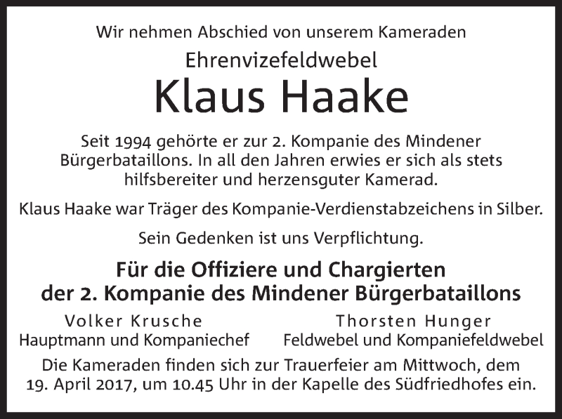  Traueranzeige für Klaus Haake vom 19.04.2017 aus Mindener Tageblatt