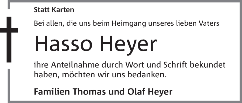  Traueranzeige für Hasso Heyer vom 22.04.2017 aus Mindener Tageblatt