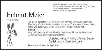 Anzeige von Helmut Meier von Mindener Tageblatt