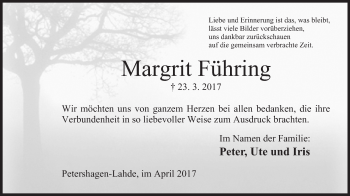 Anzeige von Margrit Führing von Mindener Tageblatt
