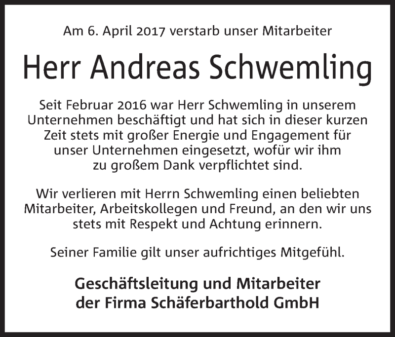  Traueranzeige für Andreas Schwemling vom 11.04.2017 aus Mindener Tageblatt