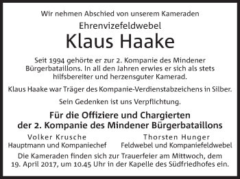 Anzeige von Klaus Haake von Mindener Tageblatt