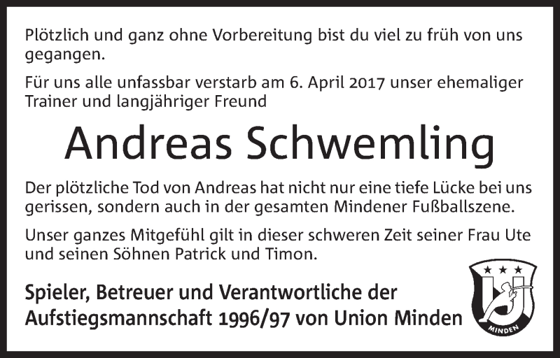  Traueranzeige für Andreas Schwemling vom 11.04.2017 aus Mindener Tageblatt