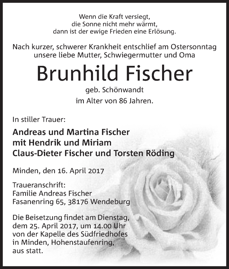  Traueranzeige für Brunhild Fischer vom 22.04.2017 aus Mindener Tageblatt