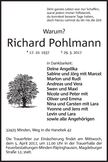 Anzeige von Richard Pohlmann von Mindener Tageblatt