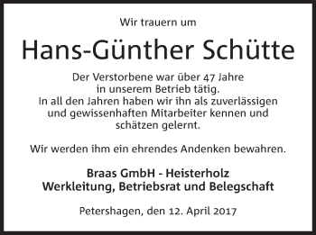 Anzeige von Hans-Günther Schütee von Mindener Tageblatt