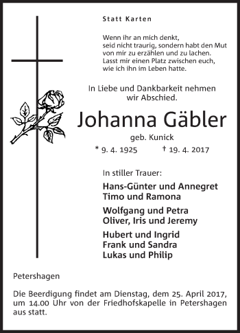 Anzeige von Johanna Gäbler von Mindener Tageblatt