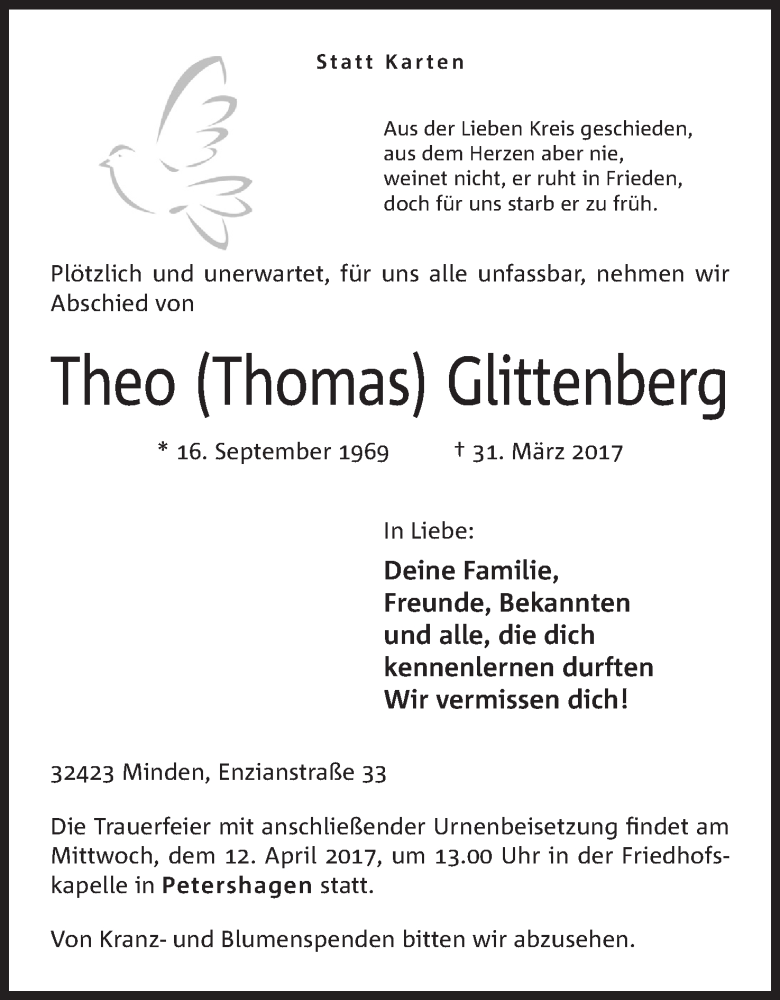 Traueranzeige für Thomas Glittenberg vom 05.04.2017 aus Mindener Tageblatt