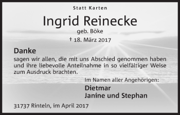 Anzeige von Ingrid Reinecke von Mindener Tageblatt