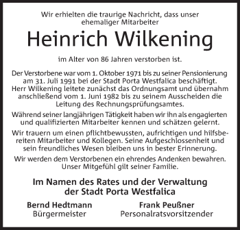 Anzeige von Heinrich Wilkening von Mindener Tageblatt