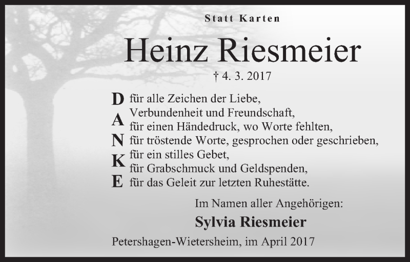  Traueranzeige für Heinz Riesmeier vom 14.04.2017 aus Mindener Tageblatt