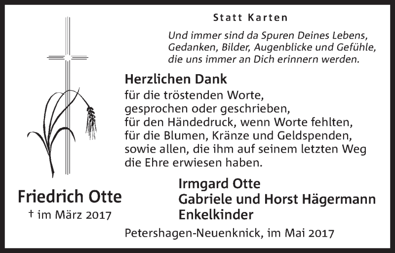  Traueranzeige für Friedrich Otte vom 13.05.2017 aus Mindener Tageblatt
