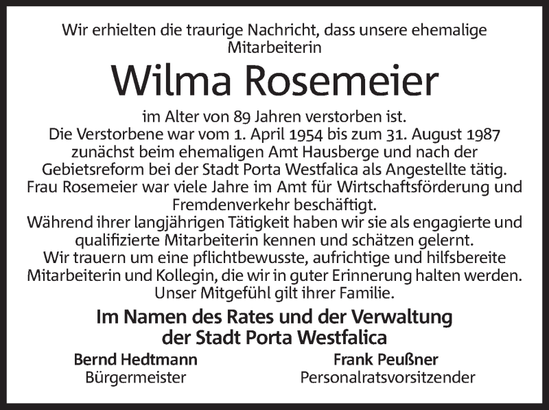  Traueranzeige für Wilma Rosemeier vom 06.05.2017 aus Mindener Tageblatt
