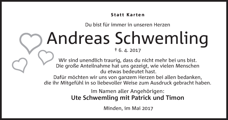  Traueranzeige für Andreas Schwemling vom 06.05.2017 aus Mindener Tageblatt