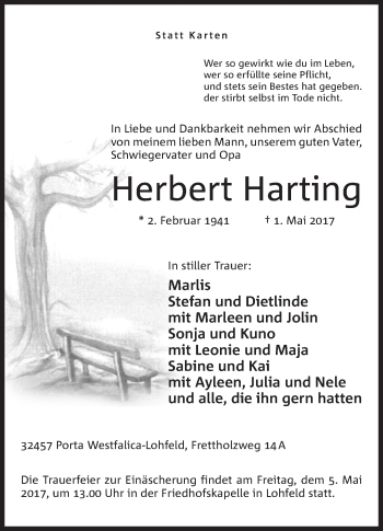 Anzeige von Herbert Harting von Mindener Tageblatt