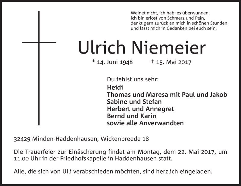  Traueranzeige für Ulrich Niemeier vom 17.05.2017 aus Mindener Tageblatt