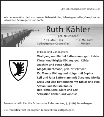 Anzeige von Ruth Kähler von Mindener Tageblatt